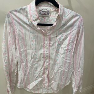 Vintage Clouds White Pink Stripe Floral Button-Down Shirt Women's Size Small